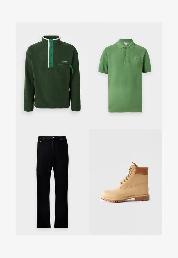 Groene fleece pullover met een hoge kraag, voorzien van een contrasterende witte rits, drukknoopjes en een ritszak op de borst. Gelaagd stof.; Groen polohemd met korte mouwen, een kraag, twee knopen en een klein geborduurd krokodillenlogo op de borst.; Zwarte denim jeans met een rechte snit, vijf zakken ontwerp en metallic hardware details aan de voorkant. Getextureerde stof met een soepele afwerking.; Lichtbruine leren enkellaars met gevoerde kraag, gouden oogjes, tankleurige veters en een dikke profielzool op een effen lichte achtergrond.