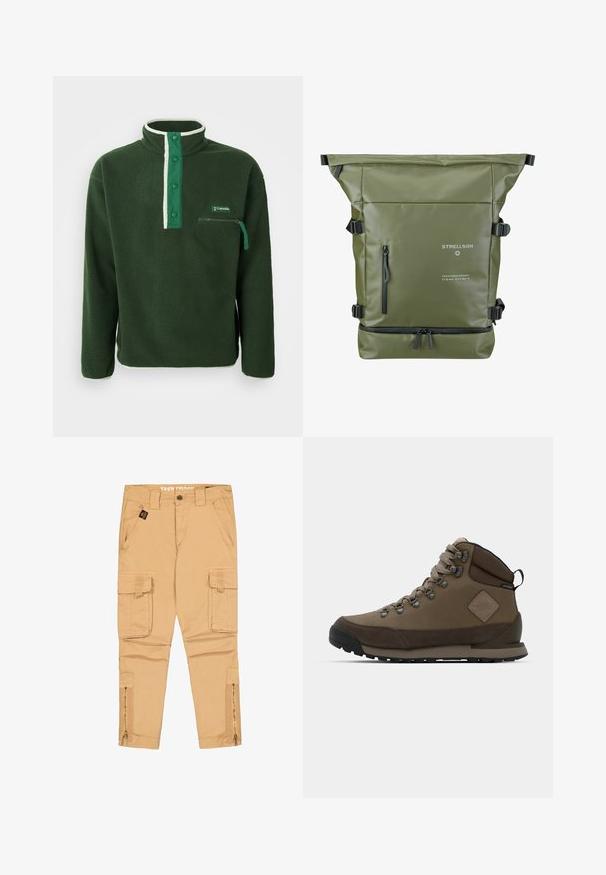 Grøn fleecepullover med høj krave, der har en kontrasterende hvid lynlås, trykknapper og en lynlåslomme på brystet. Struktureret stof.; Beige cargobukser med knap foran, bæltestropper, to sidelommer, to klaplommer og lynlåse ved underbenene.; Brun mellemhøj vandrestøvle lavet af læder og tekstil med metaløjer, snørebånd, en polstret krave og en robust sort gummisål.; Grøn rulle-top rygsæk med en tekstureret overflade, justerbare stropper, lynlås-lomme foran og logo-detaljer i hvid og sort.