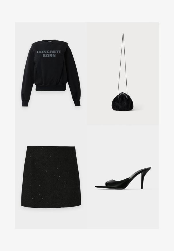 Zwarte sweatshirt met lange mouwen en geribde manchetten en zoom, met opvallende grijze tekst "CONCRETE BORN" op het midden van de voorkant.; Zwarte minirok met een textuur en subtiele glinsterende spikkels, recht gesneden, zonder zichtbare versieringen of patronen.; Zwarte leren mule met open teen en hoge slanke naaldhak, zijaanzicht tegen een effen achtergrond.; Kleine zwarte handtas van namaakbont met gevlochten bovenhandvatten en lange dunne schouderriem op een effen achtergrond.