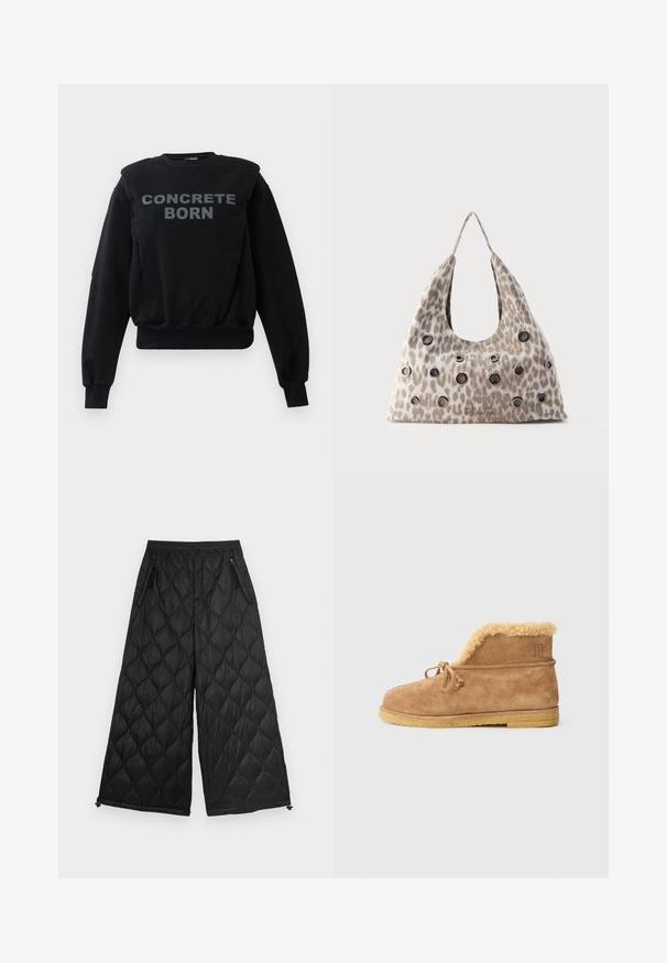 Musta pitkähiha sweatshirt ribbausrannekeilla ja helmalla, jossa on rohkea harmaa teksti "BETONISYNYYT" etuosassa keskellä.; Mustat tikatut leveälahkeiset housut, joissa on joustava vyötärönauha, vetoketjulliset sivutaskut ja säädettävät nyöritykset lahkeensuissa.; Ruskean mokkanahka nilkkurit, joissa on fleece-vuori, nauhaketju edessä ja litteä kumipohja valkoisella taustalla.; Beige leopardi-kuvioinen käsilaukku, jossa on mustia metallikiinnikkeitä ripoteltuna etupuolelle ja yksi yläkahva, yksinkertaisen taustan edessä.