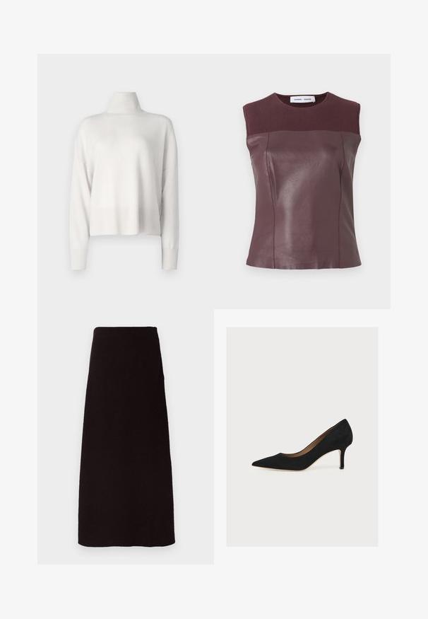 Pull en maille blanche à col roulé avec une coupe décontractée, des manches longues et des poignets et un ourlet côtelés. Texture lisse, matériau léger.; Haut sans manches bordeaux avec un corps en cuir lisse et un tissu côtelé au niveau du col et des épaules ; silhouette ajustée avec des détails de coutures.; Une jupe noire, longue jusqu'au sol, fabriquée en tissu doux avec un design minimaliste. Caractéristiques : taille haute et silhouette droite.; Escarpin en daim noir à bout pointu, talon aiguille de hauteur moyenne et semelle intérieure beige sur fond clair.