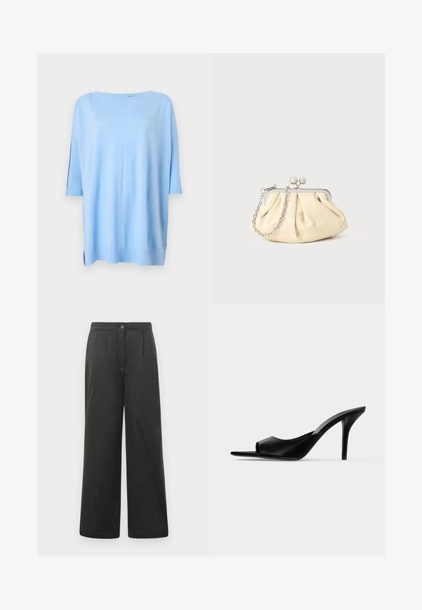 Pull léger bleu à manches courtes avec une coupe ample, des accents côtelés sur les manches et des fentes sur les côtés à l'ourlet pour une texture supplémentaire.; Pantalons larges noirs avec une texture lisse, dotés de plis avant, d'une fermeture à bouton et d'une taille élastique pour plus de confort.; Mule à talon haut en cuir noir à bout ouvert avec un talon stiletto fin, vue de profil sur un fond uni.; Pochette en cuir beige plissé avec un cadre en métal argenté, dotée de deux fermoirs ronds décoratifs et d'une chaîne en argent.