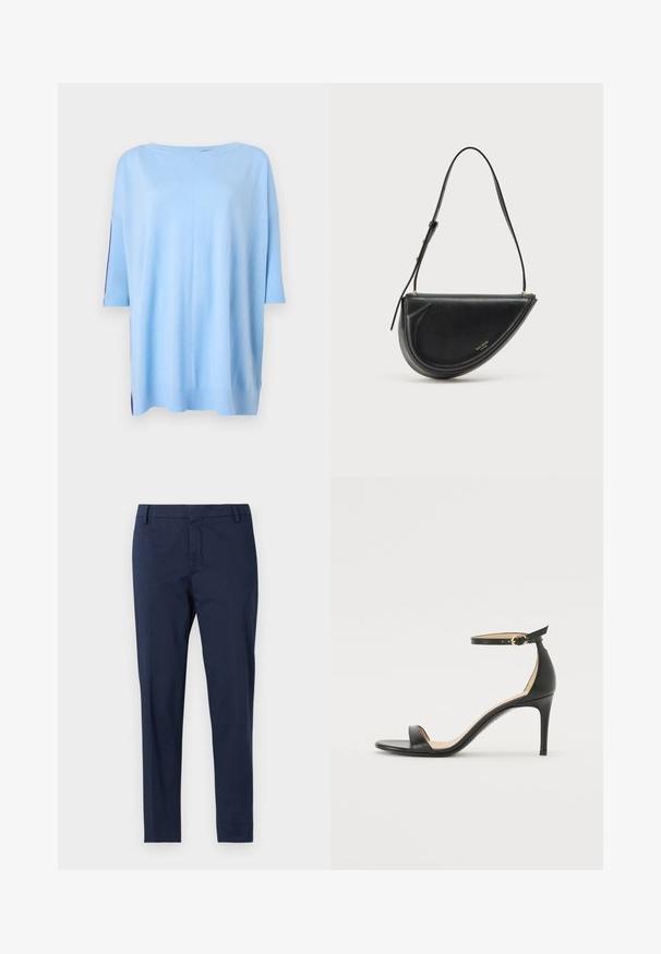 Pull léger bleu à manches courtes avec une coupe ample, des accents côtelés sur les manches et des fentes sur les côtés à l'ourlet pour une texture supplémentaire.; Pantalons taillés bleu marine avec une coupe droite. Dotés d'un design à l'avant plat sans poches visibles et d'une texture lisse.; Sandale à talons hauts en cuir noir avec une lanière de cheville. Présente une texture lisse, un bout ouvert et un talon fin. Détail de boucle en ton doré.; Sac à main en cuir noir de forme demi-lune, avec une texture lisse, une sangle amovible et un logo doré discret à l'avant.