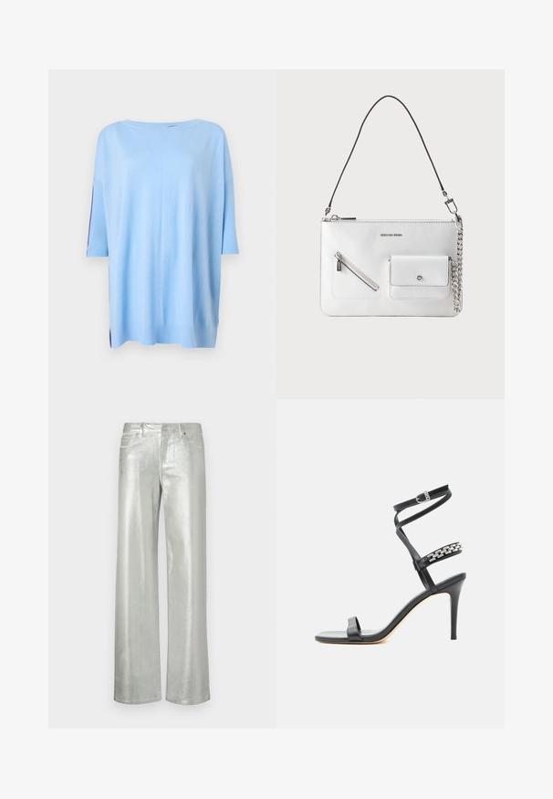 Pull léger bleu à manches courtes avec une coupe ample, des accents côtelés sur les manches et des fentes sur les côtés à l'ourlet pour une texture supplémentaire.; Pantalons larges argentés en tissu métallique. Dotés de deux poches avant et d'une fermeture éclair. Texture lisse et finition brillante.; Sandale noire à talon haut avec fine bride à la cheville, bride médiane décorée de maillons de chaîne argentés, et design à bout ouvert.; Sac à main en cuir blanc avec bandoulière noire amovible, poche zippée frontale et petite poche avec fermeture à fermoir argenté et détail chaîne.