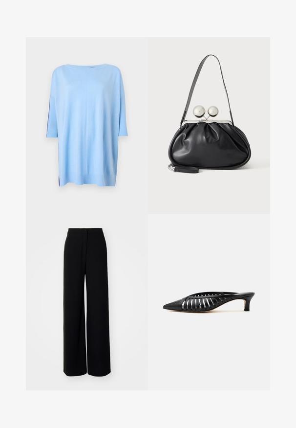 Pull léger bleu à manches courtes avec une coupe ample, des accents côtelés sur les manches et des fentes sur les côtés à l'ourlet pour une texture supplémentaire.; Pantalons larges noirs à taille haute, en tissu lisse, avec fermeture à bouton à l'avant et sans poches visibles, offrant une coupe tailleur.; Mule en cuir noir avec bout pointu, design découpé à brides et petit talon kitten sur fond blanc.; Sac à main en cuir noir avec un design plissé, une sangle unique, un cadre métallique argenté et deux grandes fermoirs ronds en argent.