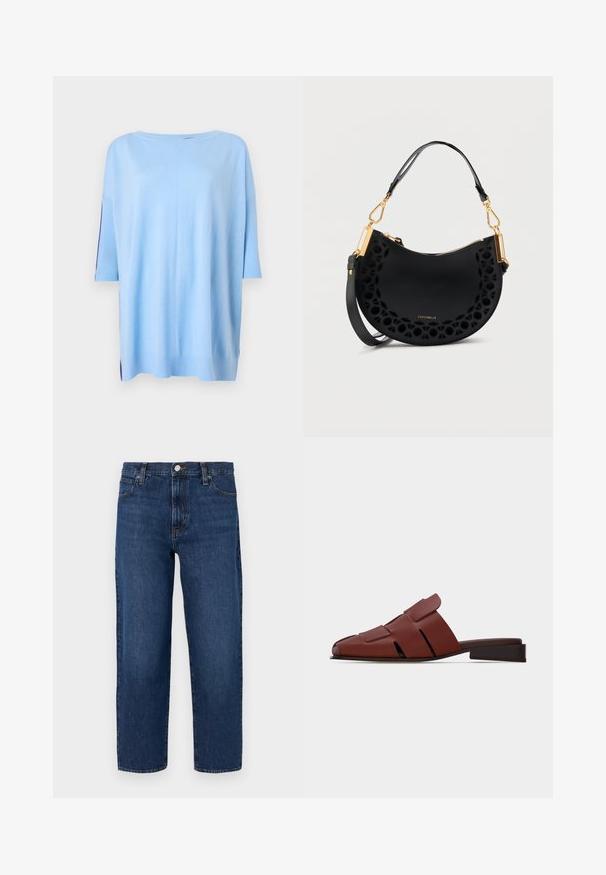 Lysblå kortærmet sweater med en løs pasform, ribbede detaljer på ærmerne og splitter i kanten for ekstra tekstur.; Mørkeblå denim jeans med en afslappet pasform, lige ben, fem-pockets design, front knaplukning og diskrete stikningsdetaljer.; Brun læder slip-on sandal med udskæringsdetaljer og flad lav hæl, sidevisning på ensartet lys baggrund.; Sort halvmåneformet håndtaske med blomsterudskæringsdesign, guldfarvede beslag, lynlås, aftagelig skulderrem og "Coccinelle"-logo foran.