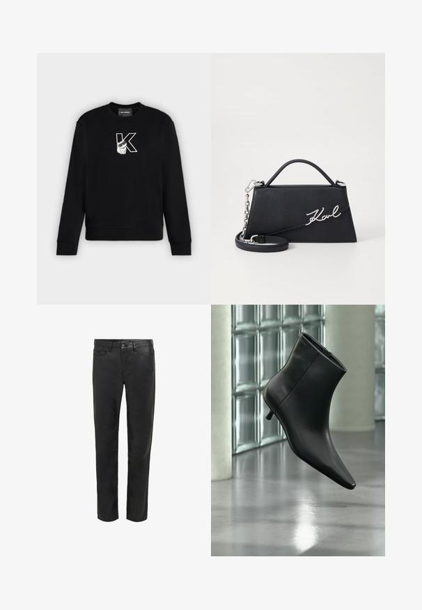 Μαύρο φούτερ με μακριά μανίκια με μεγάλο λευκό περίγραμμα γράμματος «K» στο στήθος και μία λευκή γάτα με γυαλιά ηλίου.; Μαύρα τζιν από denim, με τυπικό σχέδιο πέντε τσεπών, ίσια γραμμή και μια διακριτική γυαλάδα πάνω στο ύφασμα.; Μαύρο δερμάτινο μποτάκι αστραγάλου με μυτερή μύτη και χαμηλό τακούνι τύπου kitten heel, εμφανίζεται σε γωνία μπροστά σε γυαλισμένο πάτωμα και τοίχο από γυάλινους τούβλους.; Μαύρη δερμάτινη τσάντα χειρός σε τριγωνικό σχήμα, με ασημένιο λογότυπο "Karl" και αποσπώμενο αλυσίδα strap. Λείος υφής και δομημένος σχεδιασμός.