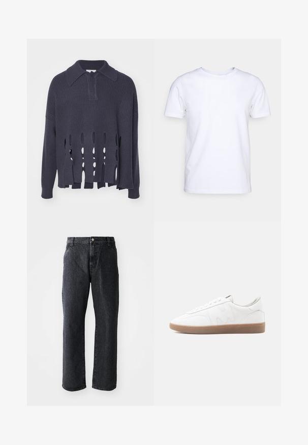 Mørkeblå strikket sweater med åbne vandrette inderkanter i kanten, ribbet krave og manchetter. Har en afslappet pasform og struktureret materiale.; Hvid kortærmet t-shirt i bomuldsstof med rund halsudskæring. Enkel design uden mønstre eller detaljer. Glat tekstur.; Sorte denim jeans med lige snit, med knaplukning, fem lommer og subtil tekstur. Klassisk design uden fremtrædende mønstre.; Hvid lav sneaker med gummisål i naturfarve, syninger og snørebånd på neutral baggrund.