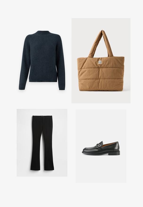 Pull en maille côtelée bleu marine avec des manches longues, un col rond et un design texturé. Il présente une coupe décontractée et n'a pas d'accessoires visibles.; Pantalon noir évasé en tissu lisse, avec une taille mi-haute, des poches latérales et une couture avant nette.; Mocassins en cuir noir avec un design cousu, comportant un double accent boucle et un talon légèrement surélevé pour plus de hauteur.; Sac fourre-tout marron rembourré avec de larges poignées et une petite étiquette blanche avec un logo circulaire noir au centre à l'avant.