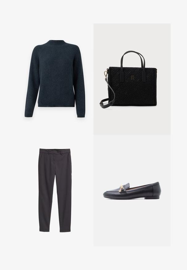 Donkerblauwe geribde trui met lange mouwen, een ronde hals en een textuurgebreid ontwerp. Heeft een relaxte pasvorm en geen zichtbare accenten.; Donkergrijze broek van gladde stof, met een middelhoge taille, riemlussen, zijzakken en een rechte pijp.; Zwarte leren loafer met lage hak en gouden kettingdetail over de bovenkant, getoond in zijaanzicht op een witte achtergrond.; Zwarte gewatteerde handtas met dubbele handvatten aan de bovenkant, een afneembare schouderriem en een gouden logo accent. Heeft een geometrisch patroon over het hele oppervlak.