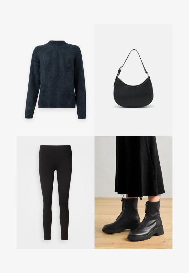 Donkerblauwe geribde trui met lange mouwen, een ronde hals en een textuurgebreid ontwerp. Heeft een relaxte pasvorm en geen zichtbare accenten.; Zwarte leggings gemaakt van rekbaar materiaal met een naadloze tailleband, figuurvolgend ontwerp en soepele textuur, geschikt voor verschillende activiteiten.; Zwarte leren enkelboots met een chunky platformzool en een rits aan de voorkant. Glad oppervlak met een minimalistisch ontwerp.; Zwarte hobo tas van soepel leer met een gebogen silhouet, voorzien van een enkele verstelbare schouderriem en minimalistische ontwerpdetails.