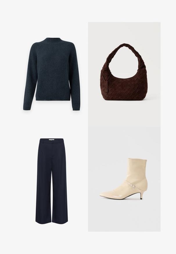 Pull en maille côtelée bleu marine avec des manches longues, un col rond et un design texturé. Il présente une coupe décontractée et n'a pas d'accessoires visibles.; Pantalon large bleu marine en tissu lisse. Caractérisé par une taille haute, des plis à l'avant et des poches latérales. Coupe ajustée avec des lignes épurées.; Bottine beige mi-mollet à bout pointu avec un petit talon de chat et une sangle décorative avec boucle en argent sur un fond uni.; Sac à épaule en cuir tressé marron foncé avec une forme douce et arrondie et une large anse, avec une petite étiquette en cuir attachée.