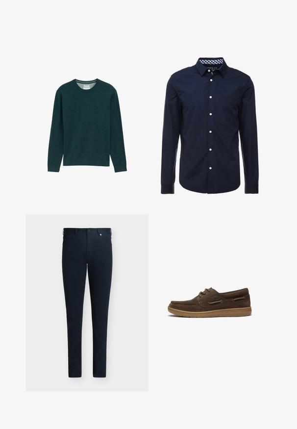 Donkergroen longsleeve sweatshirt met een ribgebreide ronde hals, zachte textuur en een subtiele logodetail op de voorkant. Klassieke pasvorm.; Marineblauw overhemd met lange mouwen, voorzien van een button-down kraag, contrasterende geruite binnenkraag en witte knopen aan de voorkant. Gladde textuur.; Slim-fit donkerblauwe broek met riemlussen, voorste knoop- en ritssluiting, en zakken op een effen achtergrond.; Bruine suède bootschoen met rubberen zool, voorzien van vetersluiting, gestikte accenten en Timberland-logo aan de zijkant.
