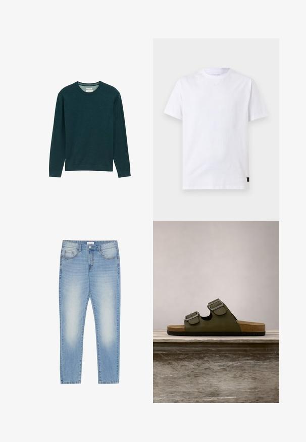 Mørkegrøn langærmet sweatshirt med ribbet rund hals, blødt stof og en diskret logo-detail på fronten. Klassisk pasform.; Simpel hvid T-shirt med korte ærmer og rund halsudskæring med en lille sort vaskeanvisningslabel nederst i sømmen på en lysegrå baggrund.; Lyseblå denim jeans med regular fit, fem lomme-design, let slidser foran og lige benfinish.; Grøn ruskindsandal med to justerbare sølvspænder, korkfodtøj og en struktureret sort gummisål, vist på en træoverflade.
