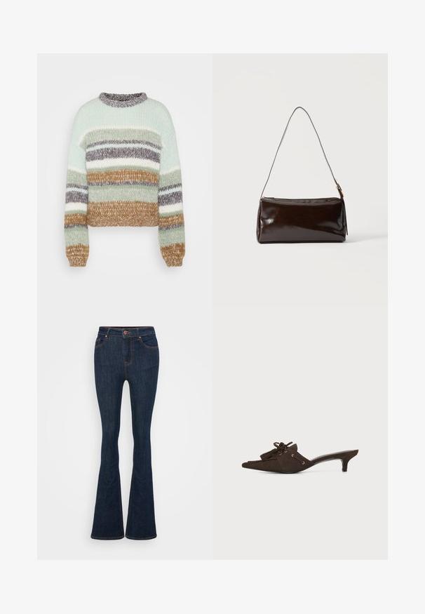 ONLY Tall ONLALYSSA LIFE O NECK - Πουλόβερ - magnet/aqua gray/cloud dancer/hedge green; Σκούρα μπλε τζιν φούστα με καμπάνα, με ορατές ραφές, μπροστινές τσέπες και κούμπωμα με κουμπί. Λείος υφάσματος με ελαφριά ελαστικότητα.; Σκούρο καφέ γουνάκι mule με χαμηλό τακούνι kitten, διακοσμητικά φούντες και λεπτομέρεια δαντέλας σε λευκό φόντο.; Σκούρο καφέ ορθογώνια δερμάτινη τσάντα ώμου με ένα λεπτό λουράκι και αγκράφα σε χρυσό τόνο σε απλό φόντο.