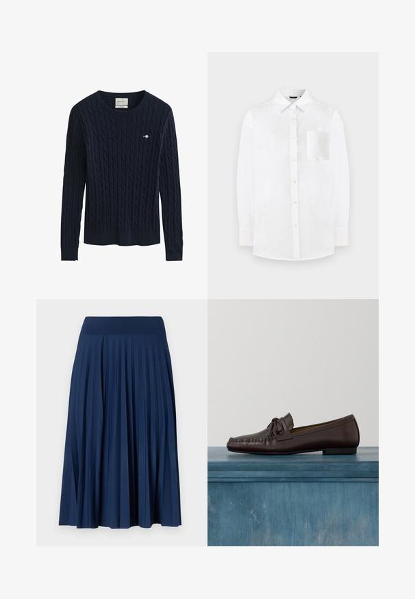 Pull bleu marine à manches longues en maille torsadée avec col rond et petit logo brodé sur la poitrine gauche.; Chemise blanche à boutons, fabriquée dans un tissu léger. Elle possède un col classique, des manches longues et une poche plaquée sur la poitrine avec une texture lisse.; Jupe plissée bleu marine avec une large ceinture, fabriquée en tissu doux. Présente des plis verticaux pour une texture et un mouvement fluide.; Mocassins en cuir marron avec un bout arrondi, un détail de nœud et des surpiqûres décoratives le long du devant. Semelle plate en caoutchouc noir.