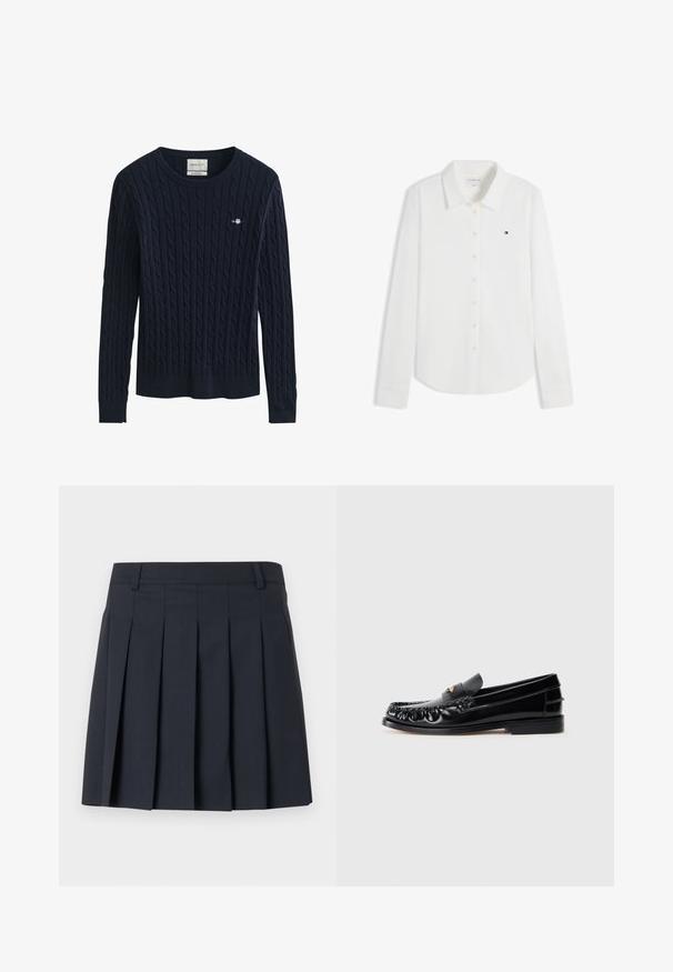 Pull bleu marine à manches longues en maille torsadée avec col rond et petit logo brodé sur la poitrine gauche.; Chemise blanche à manches longues avec boutons, col et petit logo Tommy Hilfiger sur le côté gauche de la poitrine.; Jupe plissée bleu foncé avec une ceinture plate, fabriquée en tissu lisse. Elle présente plusieurs plis verticaux et une coupe ajustée.; Mocassins en cuir noir avec un bout arrondi, des coutures décoratives et un petit accent doré sur le dessus. Semelle en caoutchouc plate, design épuré.