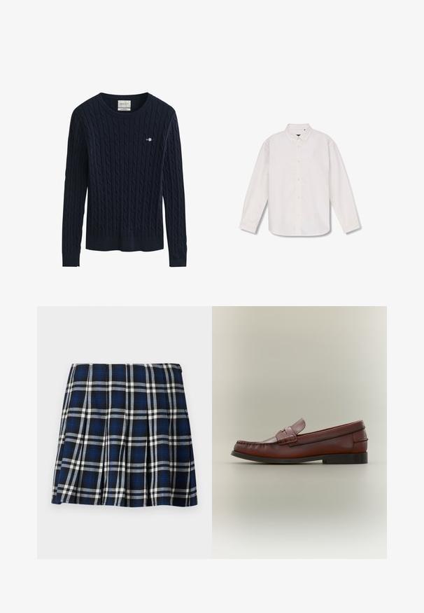 Pull bleu marine à manches longues en maille torsadée avec col rond et petit logo brodé sur la poitrine gauche.; Chemise blanche à manches longues, boutonnée intégralement sur le devant, avec un col pointu et un design simple, posée à plat sur un fond blanc.; Jupe mini à carreaux avec des couleurs marine, noire et blanche. Dotée de plis et d'une texture lisse. Fermeture éclair sur le côté.; Mocassin pour homme en cuir marron avec semelle noire et détail de bride décorative, présenté en profil latéral sur un fond neutre.