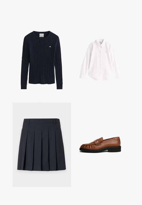 Jersey de punto trenzado azul marino con mangas largas, cuello redondo y pequeño logo bordado en el pecho izquierdo.; Camisa blanca de algodón con cuello clásico, mangas largas y dobladillo curvado. Presenta un pequeño logo de color en el pecho.; Falda plisada azul oscuro con una pretina plana, hecha de tela lisa. Presenta múltiples pliegues verticales y un diseño ajustado.; Mocasines de piel marrón con una textura suave, punta redondeada, detalle de correa en el frontal y tacón bajo de goma negra.