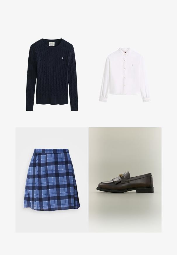 Marineblauwe kabelgebreide trui met lange mouwen, ronde hals en een klein geborduurd logo op de linkerborst.; Witte blouse met lange mouwen, gerimpelde kraag en manchetten, gouden knopen aan de voorkant en klein Tommy Hilfiger-logo op de linkerborst.; Blauwe geruite rok met plooien, met verschillende tinten blauw en donkere marinepatronen. Gemaakt van lichte stof, inclusief subtiele branding.; Donkerbruine leren loafer met franjes en gouden gesp op zwarte zool, gezien van opzij tegen een neutrale achtergrond.