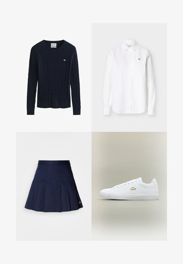 Jersey de punto trenzado azul marino con mangas largas, cuello redondo y pequeño logo bordado en el pecho izquierdo.; Camisa blanca de manga larga con botones y cuello, con un pequeño logo de cocodrilo verde en el pecho izquierdo.; Falda plisada azul marino con una cintura ajustada, fabricada con una tela suave. Presenta un pequeño logotipo de Lacoste en el dobladillo.; Zapatilla blanca hecha de cuero suave con punta redondeada, cordones planos y un pequeño logo dorado. Presenta una suela de goma texturizada y un diseño simple.