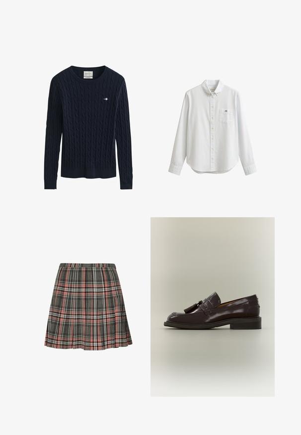 Marineblauwe kabelgebreide trui met lange mouwen, ronde hals en een klein geborduurd logo op de linkerborst.; Witte blouse met lange mouwen, knoopsluiting aan de voorkant, voorvak met klein geborduurd logo en een button-down kraag.; Geruite rok in grijs en roze, met een geplooid ontwerp met zwarte en witte accenten. Gemaakt van geweven stof, tot halverwege de dij.; Donkerbruine leren loafer met franjes, lage hak en gestikte zool, vanaf de zijkant getoond op een neutrale achtergrond.