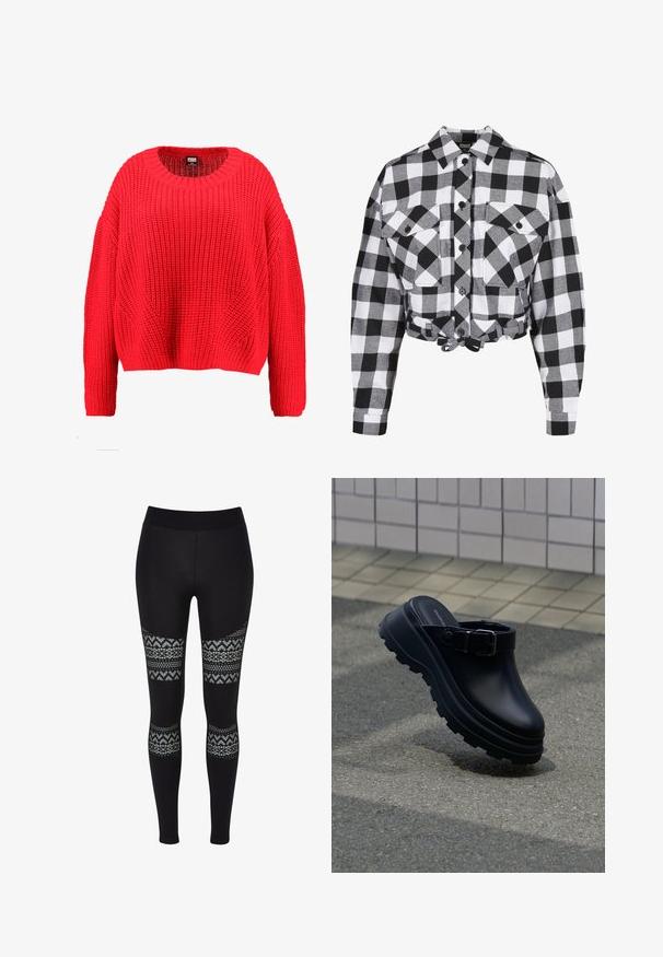 Rød strikket sweater med rund halsudskæring, sænkede skuldre og ribbet kant. Har et struktureret, chunky mønster over det hele.; Afskåret sort-hvid ternet skjorte med lange ærmer, to forlommer, knaplukning og snoretræk i kanten. Glat stofstruktur.; Sorte leggings med en glat tekstur, der har mønstrede udskæringer ved lårene med et blomsterdesign i nuancer af lys blå.; Sort slip-on træsko med tyk rillede sål og justerbar rem, placeret over asfalt med flisebelagt væg i baggrunden.
