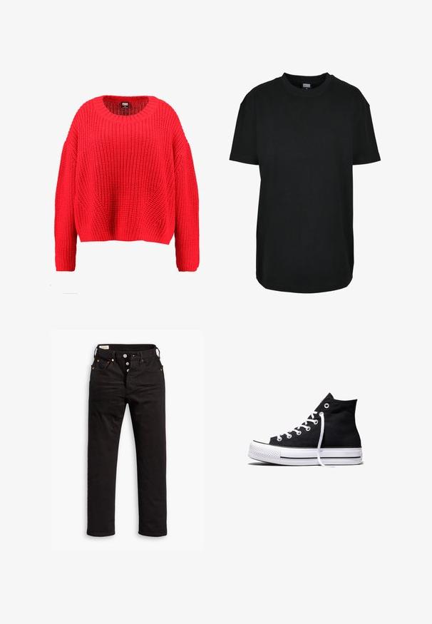 Pull rouge tricoté avec un col rond, des épaules tombantes et un ourlet côtelé. Présente un motif texturé et épais sur toute la surface.; T-shirt noir à manches courtes avec col rond en taille XS, avec étiquette "Urban Classics" à l'intérieur du col.; Jean noir à jambe droite avec fermeture à boutons, poches avant et arrière, et détails en rivets cuivrés sur fond blanc.; Baskets montantes en toile noire avec semelle en caoutchouc blanche et lacets blancs, vues de côté sur un fond blanc.