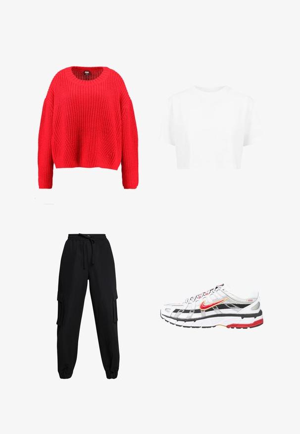 Rode gebreide trui met een ronde hals, verlaagde schouders en een geribbelde zoom. Heeft een textuur met een grof patroon over de hele trui.; Witte cropped t-shirt, korte mouwen, ronde halslijn, gemaakt van gladde stof, zonder zichtbare patronen of opvallende hardware.; Zwarte cargo-broeken van lichtgewicht stof, met een elastische tailleband, trekkoord en zijzakken. De omslag aan de enkels maakt het ontwerp compleet.; Witte en zwarte sportschoenen met rode en gouden accenten. Beschikt over een mesh bovenwerk, een gevoerde zool en een veilige vetersluiting.
