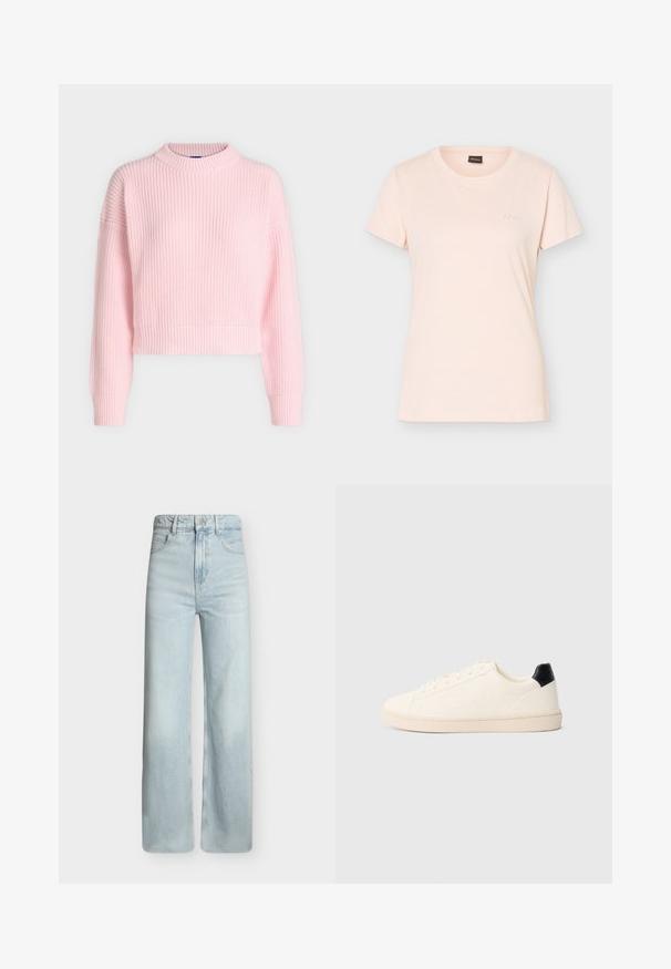 Pull en grosse maille rose clair avec manches longues, col rond côtelé, poignets et ourlet, présenté sur un fond neutre.; T-shirt rose clair à manches courtes avec col rond, petit logo BOSS embossé sur la poitrine gauche et étiquette noire à l'intérieur du col.; Jean bleu clair taille haute à jambes larges avec poches à l'avant, passants de ceinture et fermeture par bouton métallique sur fond uni.; Baskets discrètes de couleur blanc cassé avec lacets sur le devant, marquage en relief subtil sur le côté et languette noire au talon, sur un fond uni.