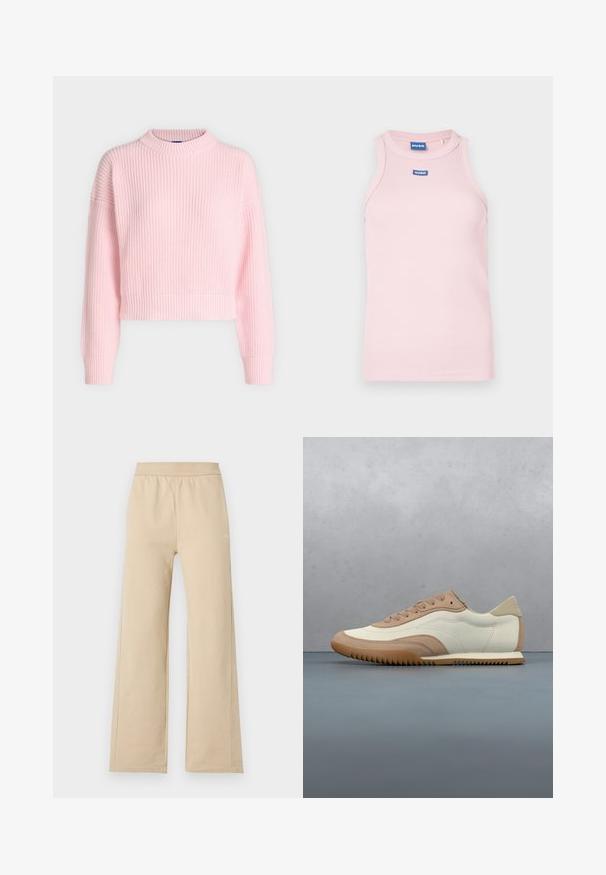 Pull en grosse maille rose clair avec manches longues, col rond côtelé, poignets et ourlet, présenté sur un fond neutre.; Débardeur côtelé rose avec un col rond et des bretelles étroites. Présente un logo "HUGO" bleu sur la poitrine. Texture lisse.; Pantalon beige à jambes larges avec taille élastique et détails de couture minimalistes, présenté sur un fond clair uni.; Baskets crème et beige avec une tige texturée, des lacets et une semelle en caoutchouc, présentées au-dessus d'une surface en bois avec des cailloux.