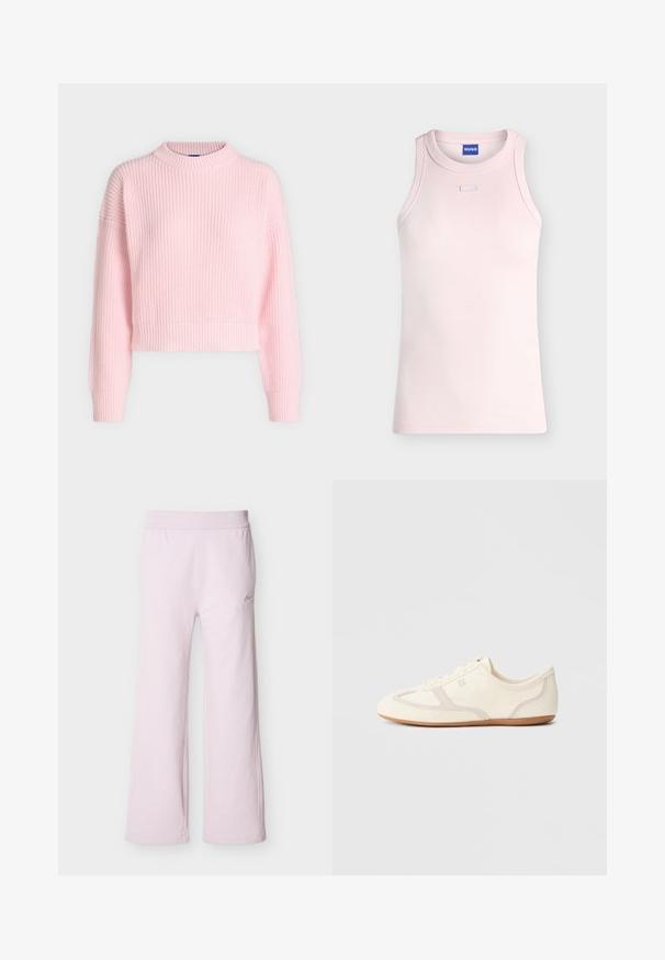 Pull en grosse maille rose clair avec manches longues, col rond côtelé, poignets et ourlet, présenté sur un fond neutre.; Débardeur côtelé rose clair sans manches avec un col rond et un petit détail rectangulaire en tissu sous le col, étiquette HUGO à l'intérieur du col.; Pantalon de jogging ample rose clair avec taille élastique et petit logo brodé sur la partie supérieure de la cuisse gauche.; Baskets couleur crème avec une tige en daim et tissu, un bout arrondi, et une semelle en caoutchouc avec un détail accent beige. Fermeture à lacets.