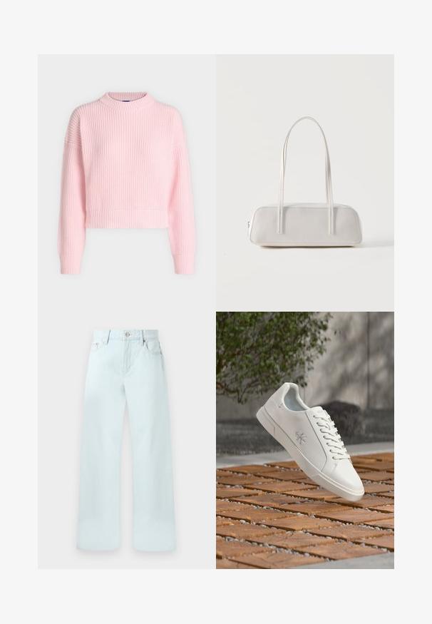 Pull en grosse maille rose clair avec manches longues, col rond côtelé, poignets et ourlet, présenté sur un fond neutre.; Jean large taille haute bleu clair avec boutons sur le devant, fermeture éclair, passants de ceinture, et poches avant sur un fond uni.; Baskets basses blanches à lacets avec le logo Calvin Klein sur le côté, flottant au-dessus d'une surface en bois carrelée en plein air près de la verdure.; Sac d'épaule rectangulaire blanc avec des bretelles longues et fines, couture minimale, et fermeture éclair sur un fond uni.