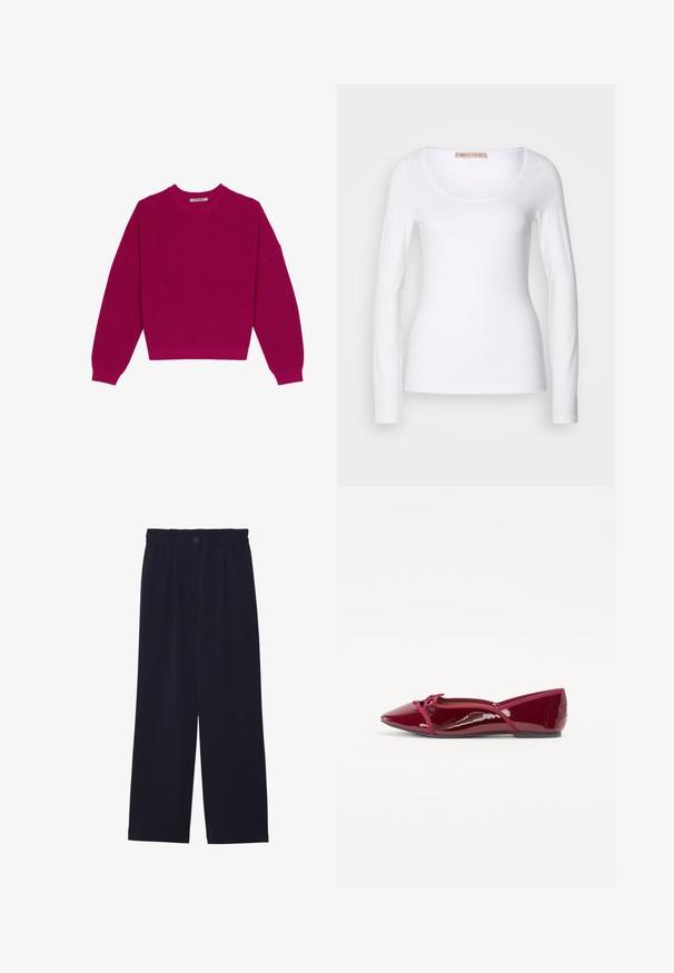 Pull en tricot côtelé magenta avec un col rond, des épaules tombantes et des manches longues. L'ourlet est court, mettant en valeur un tissu texturé.; T-shirt en coton blanc à manches longues, avec un col rond et une coupe ajustée, au toucher doux et sans ornement.; Pantalons large bleu marine avec une texture lisse, taille élastique, pli avant unique et fermeture à bouton à la taille.; Ballerines en cuir verni rouge avec un bout pointu et un petit nœud en accent. Elles présentent un bord élastique et une semelle plate pour le confort.