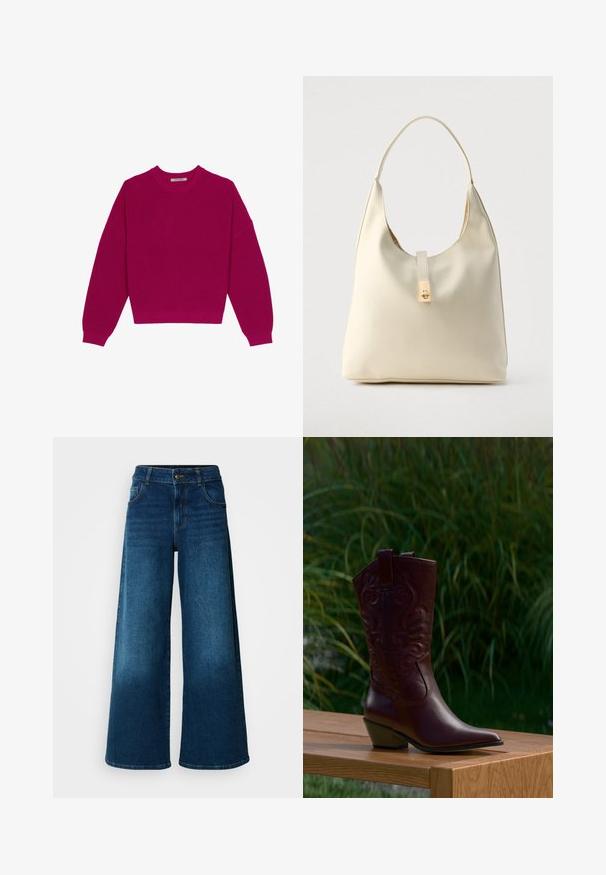 Magenta ribbet striktrøje med rund halsudskæring, dropped skuldre og lange ærmer. Kanten er cropped, hvilket fremhæver det strukturerede stof.; Viddejeans lavet af mørkeblå denim. Har høj talje, knaplukning og klassisk fem-lomme design med subtile falme.; Mørkebrune læder cowboystøvler med broderede mønstre, lavt skråt hæl og trækflapper, placeret på en træ bænk med grønne planter i baggrunden.; Hobo-taske i cremefarvet læder med en enkelt skulderrem, glat tekstur og et guldfarvet spænde foran.