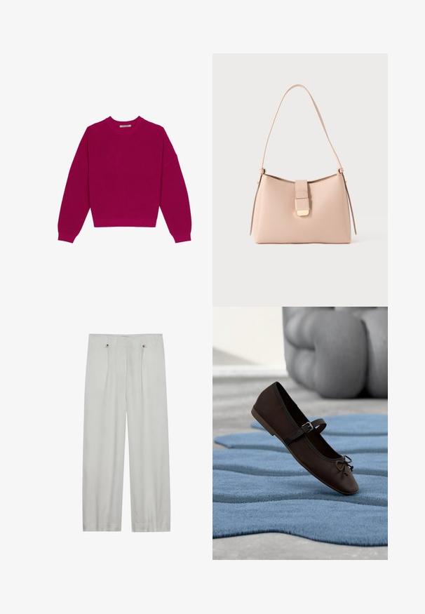 Suéter de punto acanalado en magenta con cuello redondo, hombros caídos y mangas largas. El dobladillo es corto, resaltando una tela texturizada.; Pantalones de pierna ancha en gris claro, confeccionados en una tela suave. Presentan dos pliegues frontales, dos cierres de botón y una textura suave.; Zapato plano Mary Jane de color marrón oscuro con hebilla y detalle de lazo, descansando sobre una alfombra texturizada azul ondulada y un sofá acolchado gris al fondo.; Bolso de mano rosa claro con una forma curva, hecho de material texturizado. Cuenta con una correa plana y un detalle de cierre en tono dorado en el frente.