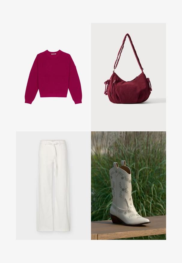 Suéter de punto acanalado en magenta con cuello redondo, hombros caídos y mangas largas. El dobladillo es corto, resaltando una tela texturizada.; Pantalones blancos de pierna ancha con bolsillos delanteros y cinturón de tela anudado en la cintura, exhibidos sobre un fondo liso.; Bota vaquera color crema con bordado floral y tacón medio marrón en ángulo, exhibida sobre una superficie de madera con fondo de hierba alta.; Bolso de hombro de pana en color granate suave con correa ajustable, cierre de cremallera, lazos laterales y un bolsillo delantero con cremallera.