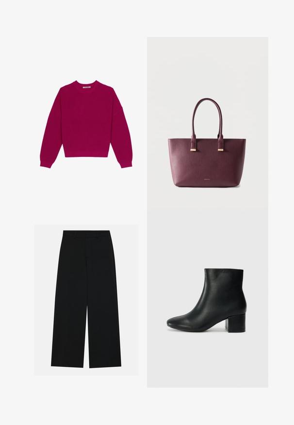 Pull en tricot côtelé magenta avec un col rond, des épaules tombantes et des manches longues. L'ourlet est court, mettant en valeur un tissu texturé.; Pantalons noirs à jambe large en tissu lisse. Dotés d'une taille plate avec passants de ceinture et sans poches visibles. Design simple.; Bottines en cuir noir avec un bout pointu et un talon épais. Texture lisse avec des accents minimalistes et un design élégant et ajusté.; Sac fourre-tout en cuir violet foncé avec deux poignées et petit logo de marque doré sur le devant, posé sur un fond clair uni.