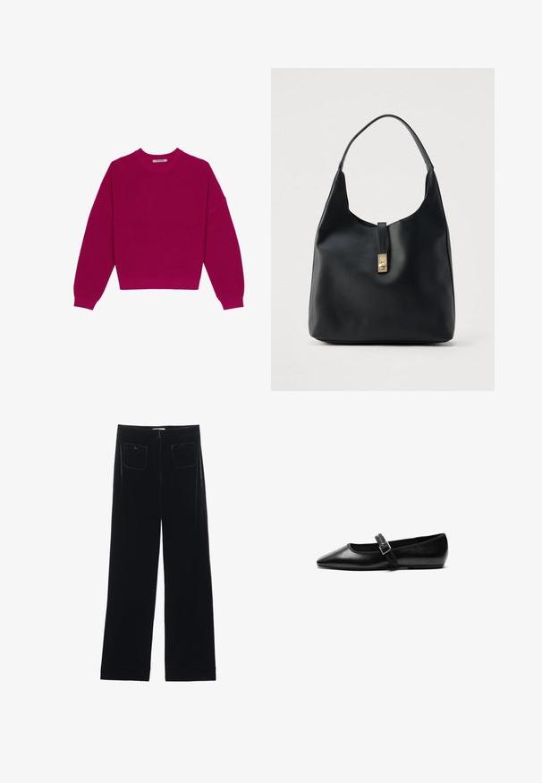 Suéter de punto acanalado en magenta con cuello redondo, hombros caídos y mangas largas. El dobladillo es corto, resaltando una tela texturizada.; Pantalones de terciopelo negro de pierna ancha con dos bolsillos traseros y una textura suave, con un corte recto y un acabado dobladillo en los tobillos.; Zapato plano negro de cuero con punta afilada, correa ajustable con hebilla de metal, textura suave y diseño minimalista.; Bolso hobo de cuero negro con acabado texturizado, con un cierre color oro y una única asa curva para llevar al hombro.