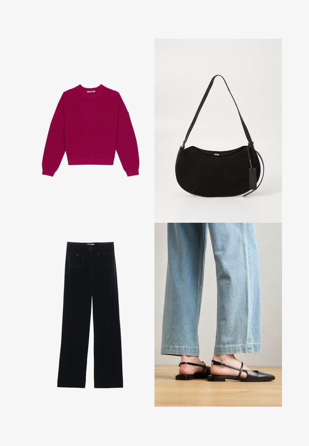 Magenta ribbet striktrøje med rund halsudskæring, dropped skuldre og lange ærmer. Kanten er cropped, hvilket fremhæver det strukturerede stof.; Sorte velour bredbukser med to baglommer og en glat tekstur, der har en lige skæring og syede afslutninger ved anklerne.; Sorte læder slingback-sko med spidse tæer, flad hæl og ankelrem; båret med lyseblå viddebenede jeans.; Sort ruskind skuldertaske med en buet form, justerbar rem og et lædermærke hængende fra den ene side.