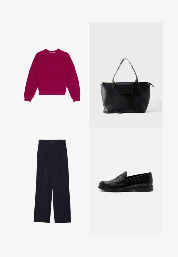 Pull en tricot côtelé magenta avec un col rond, des épaules tombantes et des manches longues. L'ourlet est court, mettant en valeur un tissu texturé.; Pantalons large bleu marine avec une texture lisse, taille élastique, pli avant unique et fermeture à bouton à la taille.; Mocassin en cuir noir sans lacets avec bout arrondi, couture moc toe et semelle en caoutchouc basse, montré de profil sur fond blanc.; Sac cabas en cuir noir avec deux poignées, une bandoulière amovible, une fermeture à rabat magnétique et une texture lisse. Fermeture supérieure zippée et surpiqûres décoratives.