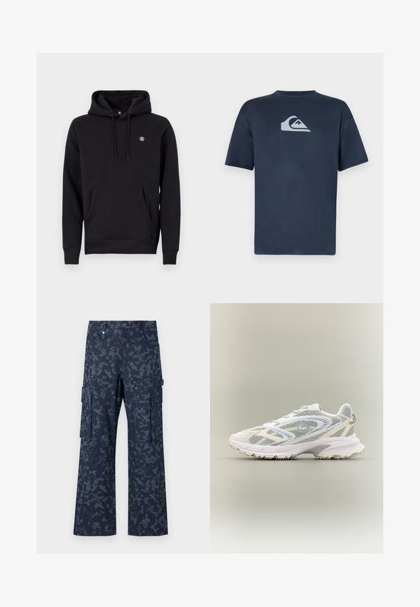 Zwarte hoodie van katoenmix. Heeft een voorzak, geribbelde manchetten en een klein logo op de borst.; Marineblauwe katoenen T-shirt met korte mouwen, met een lichtgrijs logo op de borst. Glad textuur, ronde halsontwerp en reguliere pasvorm.; Sean John SCRIPT LOGO CAMOUFLAGE - Cargobroek - blue; Witte sportschoen met grijze netpanelen, gestructureerde overlays, een gepolsterde kraag en een rubberen zool met kleine tractiespitten.