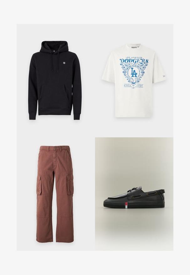 Schwarzer Kapuzenpullover aus Baumwollgemisch. Verfügt über eine große Kängurutasche auf der Vorderseite, gerippte Bündchen und ein kleines Logo auf der Brust.; Weißes Baumwoll-T-Shirt mit blauem Grafiktext "LOS ANGELES DODGERS" und "SINCE 1958" sowie floralen Akzenten und dem "LA"-Logo in der Mitte.; Cargo-Hosen in Rostfarbe, aus strapazierfähigem Stoff. Verfügen über große Seitentaschen, gerade Beine und eine Knopfverschlüsse am Bund.; Schwarzer Leder-Bootsschuh mit Schnürdetails, flacher Gummisohle und kleinem rot-weiß-blauem Tommy Jeans-Logo an der Seite.