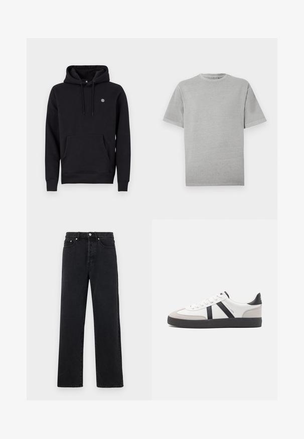 Sweatshirt à capuche noire en tissu mélangé de coton. Il présente une poche kangourou à l'avant, des poignets côtelés et un petit logo sur la poitrine.; T-shirt gris clair uni à manches courtes avec col rond et ourlet droit, présenté sur un fond blanc.; Jean droit en denim noir avec taille haute, cinq poches et fermeture à bouton métallique. Le tissu a une texture lisse et un léger éclat.; Baskets blanches avec des accents noirs et gris, présentant un embout texturé gris, une semelle en caoutchouc noir et des lacets plats blancs. Design épuré, style minimaliste.