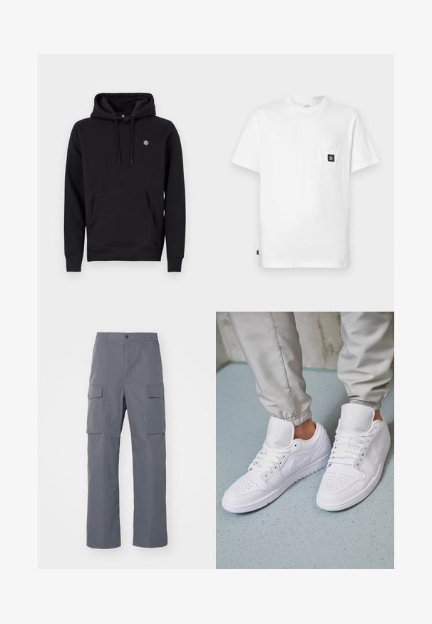 Sort hætte sweatshirt lavet af en bomuldsblanding. Har en front kangaroo lomme, ribbede manchetter og et lille logo på brystet.; Hvid bomulds T-shirt med rund halsudskæring, korte ærmer og en brystlomme med en sort logopatch. Glat tekstur, løs pasform.; Grå cargo-bukser lavet af holdbart stof. Funktioner inkluderer en elastisk talje, to store sidelommer og en lige benudskæring.; Hvide lædersneakers har en perforeret tåboks, flade snørebånd, polstret krave og Jordan-logoet på tungen. Båret med grå joggers.