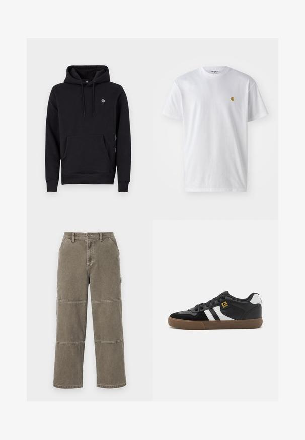 Sort hætte sweatshirt lavet af en bomuldsblanding. Har en front kangaroo lomme, ribbede manchetter og et lille logo på brystet.; Hvid bomulds t-shirt med korte ærmer, rund hals og et lille guld logo på venstre brystområde. Blød tekstur og almindelig pasform.; Bomulds cargobukser i dæmpet olivengrøn med brede ben, dobbelt-syede detaljer og sidelommer, med knaplukning og bæltestropper.; Sorte og hvide sneakers med overdel i ruskind og læder, der har hvide striber, sorte snørebånd og en brun gummisål. Guld logo detaljer.