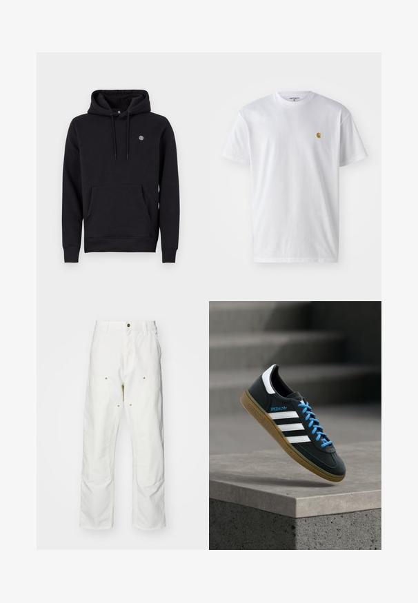 Sort hætte sweatshirt lavet af en bomuldsblanding. Har en front kangaroo lomme, ribbede manchetter og et lille logo på brystet.; Hvid bomulds t-shirt med korte ærmer, rund hals og et lille guld logo på venstre brystområde. Blød tekstur og almindelig pasform.; Hvide bomulds cargo bukser med en afslappet pasform. Funktioner inkluderer for- og baglommer, guldfarvede hardware detaljer og forstærkede knæsektioner.; Sort Adidas sneaker med hvide striber, blå snørebånd og gummisål, der svæver over gråt betontrin i blødt lys.