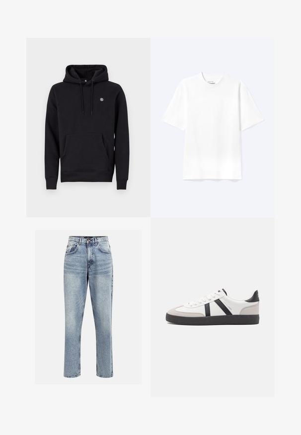 Zwarte hoodie van katoenmix. Heeft een voorzak, geribbelde manchetten en een klein logo op de borst.; Effen witte T-shirt met korte mouwen en ronde hals, met een losse pasvorm, weergegeven op een lichte achtergrond.; Lichtblauwe denim hoge taille jeans met een rechte pijp, vijf zakken en een knoopsluiting. Heeft subtiele vervaging en stikseldetails.; Witte sneaker met zwarte en grijze accenten, voorzien van een grijze neus met textuur, zwarte rubberen zool en platte witte veters. Schoon ontwerp, minimalistische stijl.