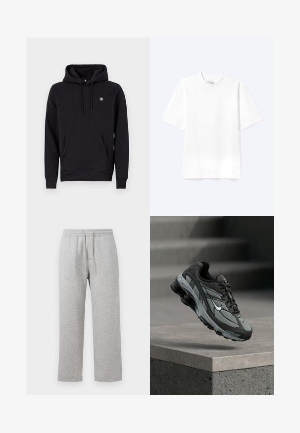 Zwarte hoodie van katoenmix. Heeft een voorzak, geribbelde manchetten en een klein logo op de borst.; Effen witte T-shirt met korte mouwen en ronde hals, met een losse pasvorm, weergegeven op een lichte achtergrond.; Grijze katoenen sweatpants met een elastische tailleband en trekkoord. Rechtoe rechtaan pijpontwerp met gestikte zomen en geen zakken.; Grijze en zwarte sportieve sneaker met meshpanelen en dikke zool, zwevend in de lucht boven een betonnen richel met trappen op de achtergrond.