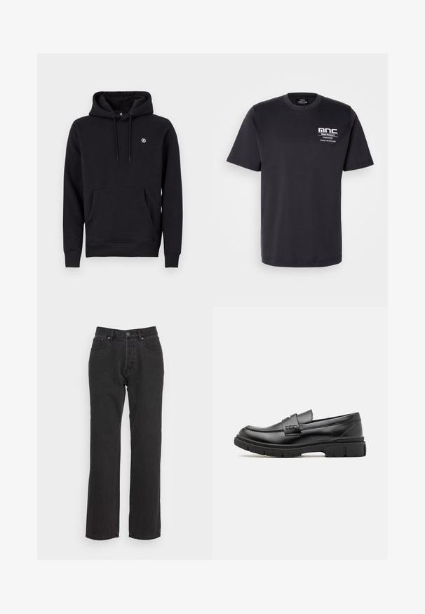 Schwarzer Kapuzenpullover aus Baumwollgemisch. Verfügt über eine große Kängurutasche auf der Vorderseite, gerippte Bündchen und ein kleines Logo auf der Brust.; Schwarzes Baumwoll-T-Shirt mit kurzen Ärmeln, Rundhalsausschnitt und Brustdruck mit "mnc" und Kontaktdaten in Weiß. Klassisches Fit-Design.; Schwarze Jeans aus Denim mit geradem Bein, ausgestattet mit einem vorderen Knopfverschluss, Gürtelschlaufen und zwei Seitentaschen. Strukturiertes Material.; Schwarze Lederloafer mit einem breiten Riemen über dem Rist, Gummisohle mit dicken Profilen und glatter Textur. Klassisches, schlankes Design.
